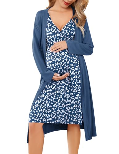 Ekouaer Maternity Nursing Gown and Robe Set Labor Delivery Nightgowns - color: Blue Daisy, size: X-Large