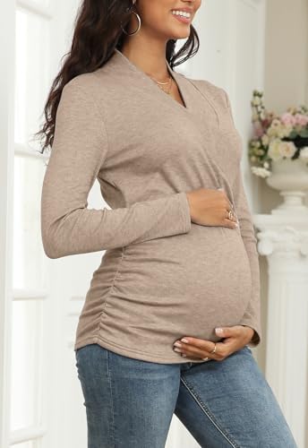 Nursing Top Cross V Neck Ruched Long Sleeve Maternity Shirt - color: Dark Khaki, size: Large