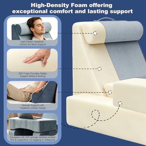 3‑in‑1 Reading Pillow for Bed with Detachable Sponge Lap Desk, Wedge Pillow Set for After Surgery with Adjustable Headrest & Independent Lumbar Support, Detachable Armrest Design for Home Office