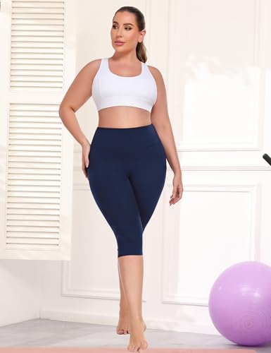 16" Womens Plus Size Capri Yoga Pants with Pockets 16" Knee Length - color: Navy Blue, size: Large Plus