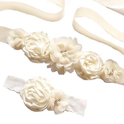 Lauthen.S Maternity Flower Sash Belt Headband Set, Women Girls Wedding Baby Shower Sash - color: Ivory