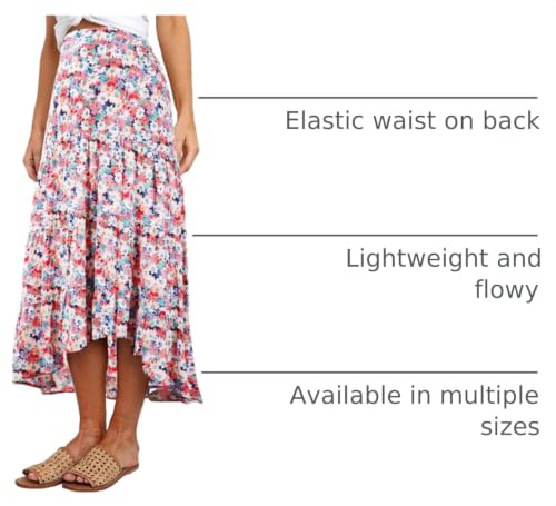 PRETTYGARDEN Women's Ditzy Floral Print Midi Skirt High Low Hem - color: Blue Red, size: X-Large