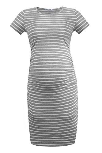 Smallshow Women's Short Sleeve Maternity Dress Ruched Pregnancy Clothes - color: Light Grey Stripe, size: Large