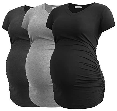 Smallshow Women's V Neck Maternity Clothes Tops Side Ruched Pregnancy T Shirt - color: Black/Deep Grey/Light Grey, size: Medium