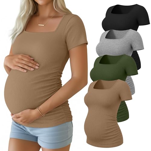 Huukeay 4 Pack Women's Short Sleeve Maternity Shirts - color: Black, Heather Gray, Khaki, Army Green, size: X-Large