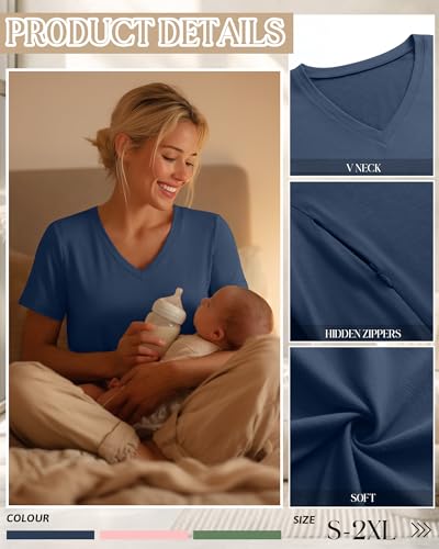 3 Pack Women's Nursing Tops Breastfeeding Shirts - color: Apple Green, Light Pink, Haze Blue, size: Medium