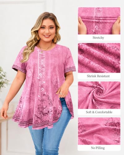 Womens Plus Size Tunic Tops Swing Summer Casual Flowy Blouses - color: Pink Floral Plus Size Tops, size: XX-Large