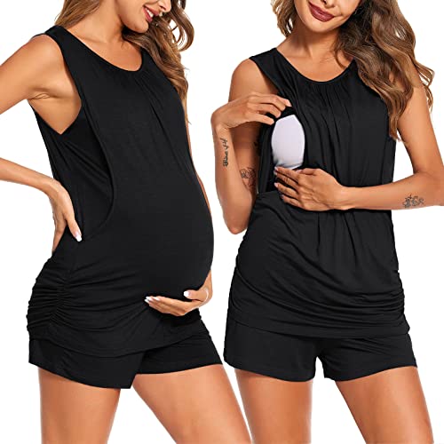 Ekouaer Nursing Pajamas Set Postpartum Tank Tops and Shorts - color: S-black, size: Large