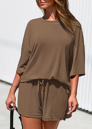 KIRUNDO 2 Piece Sets for Women Summer Lounge Sets Casual - color: Dark Khaki, size: Small