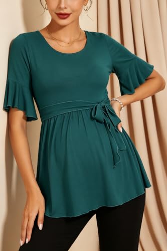 Women's Ruffle Maternity Tops Short Sleeve Wrap Tie Front Shirts Pregnancy Clothes - color: Emerald Green, size: Large