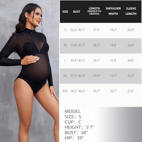 Bhome Mock Neck Maternity Bodysuit for Photoshoot Sheer Mesh Maternity Photography Outfits - size: X-Large