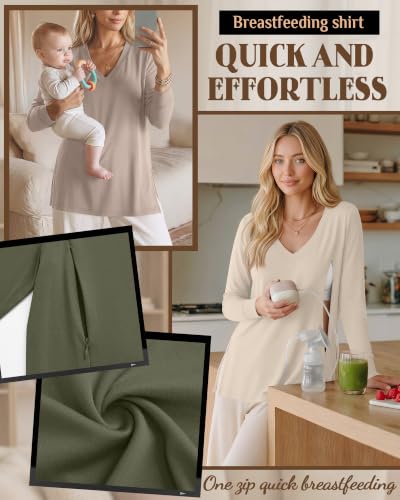 3 Pack Women's Nursing Breastfeeding Long Sleeve Shirts - color: Light Khaki, Cream, Army Green, size: X-Large