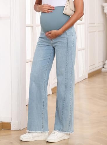 BLENCOT Women Maternity Jeans Bootcut Straight Leg Stretchy Denim Pants - color: Beau Blue, size: Medium