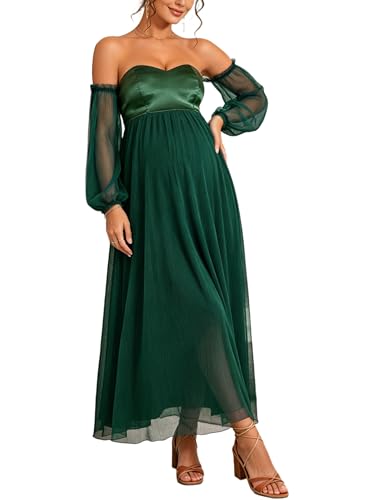 Tulle Maternity Maxi Dress Off Shoulder Baby Shower Dress - color: Darkgreen, size: Medium