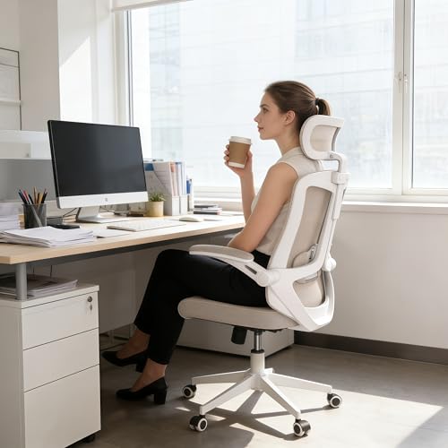 Ergonomic Office Chair - 350LB Comfy Desk Chairs with Adjustable Headrest and Lumbar Back Support, Mesh Computer Chairs with Wheels and Arms for Home Office, Study (Khaki-with Headrest) - color: Khaki