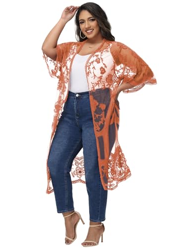 Anna-Kaci Women's Plus Size Lace Cardigan Embroidered Long Kimono Dusters with Half Sleeves - color: Rustic Orange, size: X-Large-XX-Large