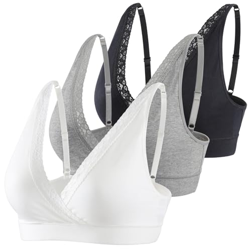 COLOMI Maternity Nursing Bra Wirefree Cotton Breastfeeding Bra for Sleep Lace Maternity Bralette - color: Black+grey+white, size: Medium