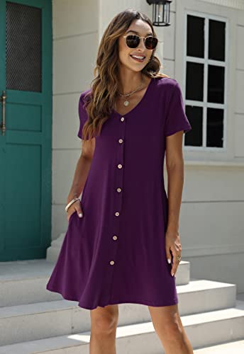 Manydress Women's Button Down Summer Dress Short Sleeve with Pockets - color: Dark Purple, size: XX-Large