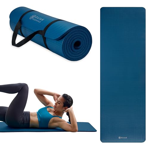 Gaiam Thick Yoga Mat, Exercise & Fitness Mat with Easy-Cinch Carrying Strap - color: Navy, size: 2/5" (10MM)