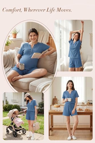 OUGES Women's 100% Soft Cotton Maternity Pajamas Sets Short Sleeve Pregnancy Postpartum 2 Piece Outfits Sleepwear - color: Blue, size: X-Large