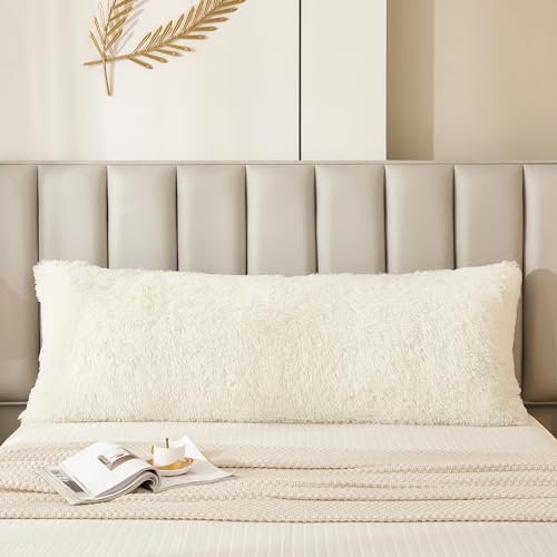 JAUXIO Faux Fur Fluffy Body Pillow Cover Luxury Shaggy Plush Decorative Solid Body Pillowcase, Ultra Soft and Cozy Zipper Closure 21 x 54 Inches, Cream - color: Cream