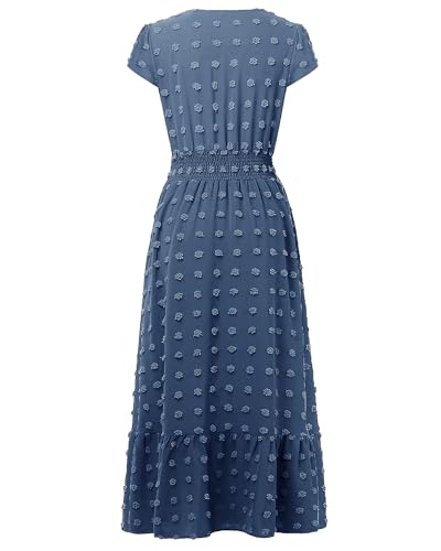 CzzzyL Women Nursing Dresses Cap Short Sleeve V Neck Swiss Dot with Pockets - color: Blue, size: Small