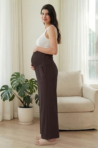 OUGES Womens Lyocell Cotton Maternity Pants Over Belly Smocked Waist Stretchy Casual Wide Leg Palazzo Pants with Pockets - color: Dark Brown, size: Small
