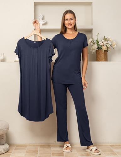 SUNNYBUY 3 PCS Maternity Nursing Sleepwear Set with Nightgown, Top & Pants - color: Navy, size: Large