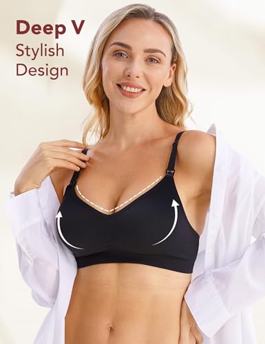 HOFISH Maternity Nursing Bras for Breastfeeding, 3 Pack Pregnancy Deep V Neck Wireless Bra with Extenders & Clips - color: Fixed Pad(pink-black-beige), size: Large