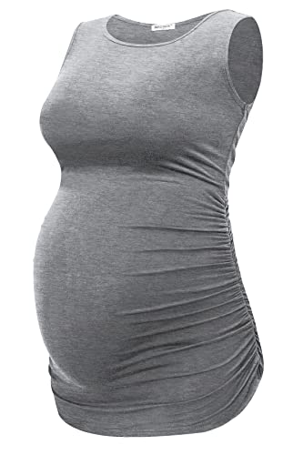 Smallshow Women's Maternity Tank Tops Sleeveless Ruched Pregnancy Clothes 3-Pack - color: Black/Light Grey/White Stripe, size: Medium