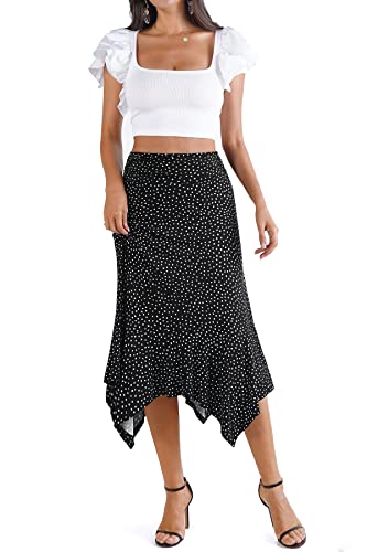 DJT Women's Flowy Handkerchief Hemline Midi Skirt - color: Black Polka Dots, size: XX-Large