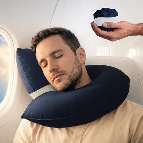 CANDY CANE Inflatable Airplane Travel Pillow, Supports Head, Neck & Chin - color: Navy