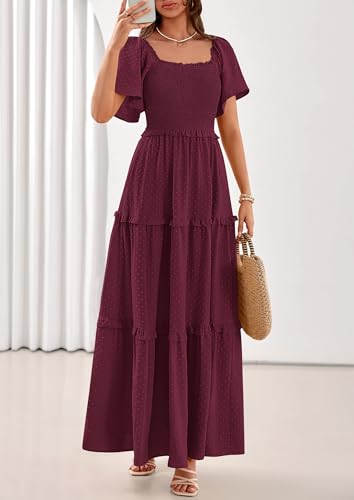 PRETTYGARDEN Womens Summer Dresses Boho Maxi Swiss Dot Dress - color: Wine Red, size: XX-Large