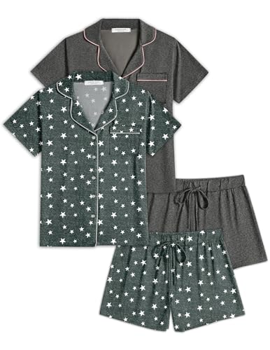 Ekouaer Womens Pajamas Set 2 Pack Button Down Summer Short Sleeve Pjs S-XXL - color: Gray/Gray Stars, size: Large