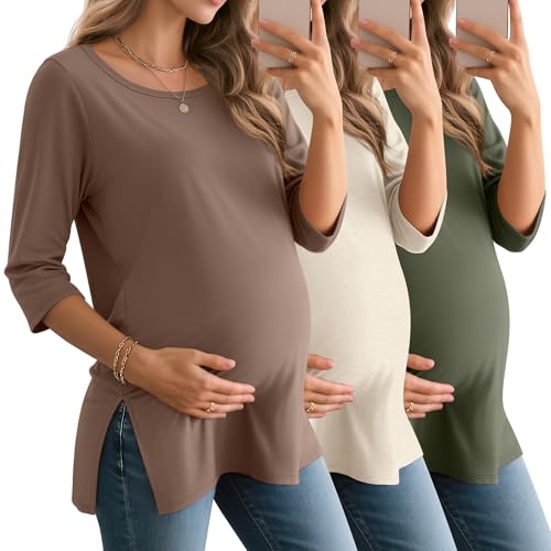 3 Pack Women's 3/4 Sleeve Maternity Loose Crewneck Tops - color: Coffee, Cream, Army Green, size: X-Large