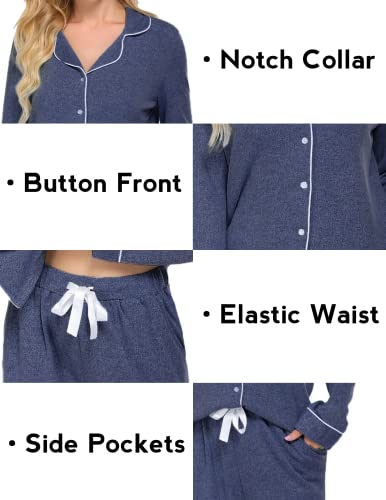 Ekouaer Women's Pajamas Long Sleeve Loungewear Casual Button Down Pjs - color: Dark Blue, size: Medium