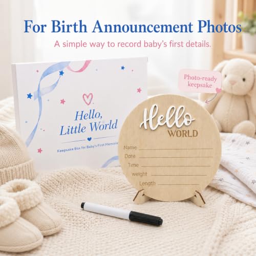 Hello World Baby Announcement Sign Newborn Welcome Plaque Box Set - color: White,Box