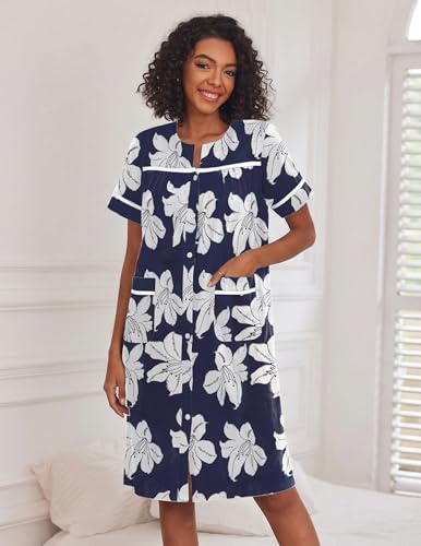 Ekouaer House Dress for Women with Pockets Duster Button Down Nightgown - color: Navy Flower, size: Medium