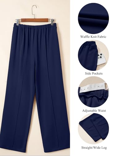 BLENCOT Women's Maternity Pants Work Adjustable Waisted Wide Leg Waffle Knit Trousers Pregnancy Clothes with Pockets - color: Blue, size: Small