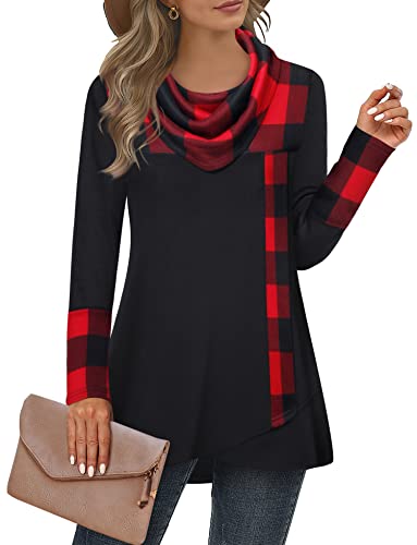 Furnex Women's Long Sleeve Cowl Neck Tunic Top Casual Pullover Sweatshirt - color: Black Red, size: XX-Large