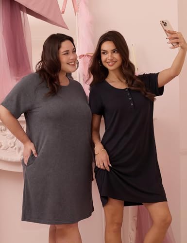 3 Pack Nightgowns for Women Sleep Shirts Pajama Dress with Pockets - color: Set E, size: X-Large