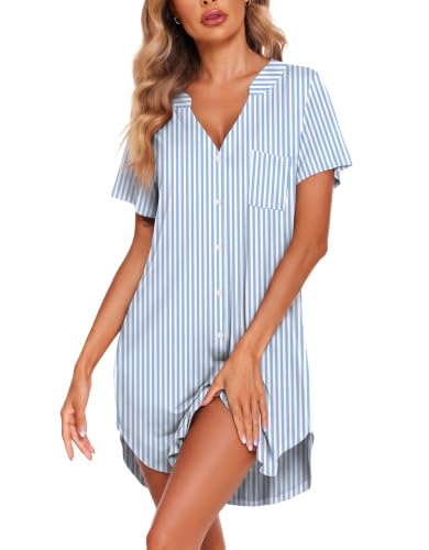 Ekouaer Nightgowns for Women Button Down Sleepshirts V Neck Sleep Dress - color: A-blue Stripes, size: Medium