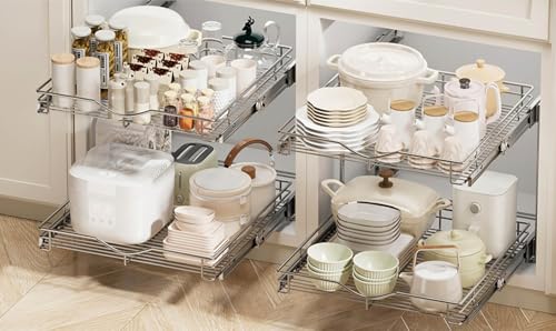 DINDON 2 Tier Pull Out Cabinet Organizer (20" W X 21" D), Double Tier Wire Basket Slide Out Shelf Storage for Kitchen Base Cabinet Organization for Kitchen, Pantry, Bathroom, Chrome - size: 20" W X 21" D