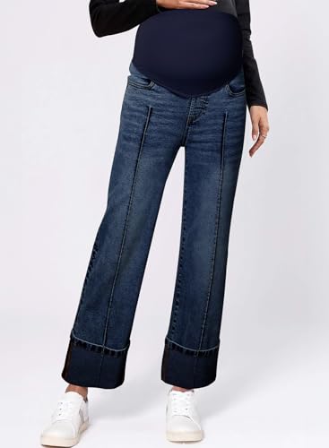 BLENCOT Maternity Jeans Over Belly Straight Leg Denim Pants with Pockets - color: Dirty Blue, size: Medium