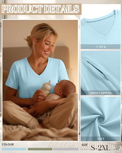 3 Pack Women's Nursing Tops Breastfeeding Shirts - color: Light Heather Gray, Light Green, Light Blue, size: Large