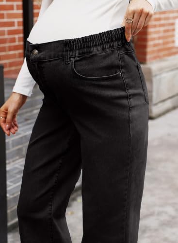 BLENCOT Women Wide Leg Elastic Waist Maternity Jeans with Pockets - color: Black, size: Small