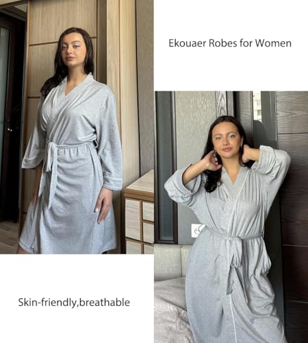 Ekouaer Women Robes Knee Length Kimono Bathrobe Lightweight Soft Sleepwear - color: 1 Light Gray, size: Medium