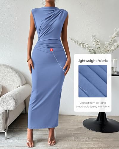 BTFBM Women Ruched Bodycon Maxi Dresses Summer Casual - color: Blue, size: Large
