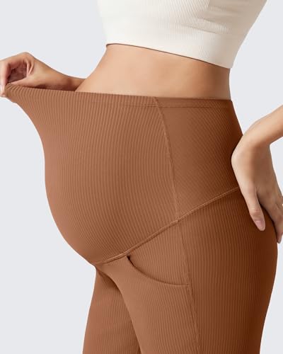 G4Free Ribbed Maternity Pants Yoga Flare Pregnancy Leggings Casual - color: Burnt Caramel, size: Medium