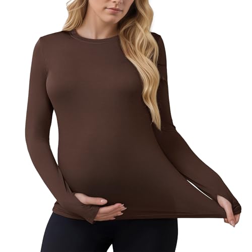 Women Maternity Stretchy Fitted Crew Neck Long Workout Tops - color: Brown, size: XX-Large